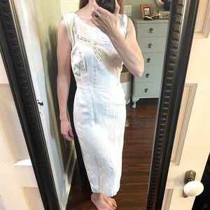 Vintage handmade off white linen embroidered pencil dress